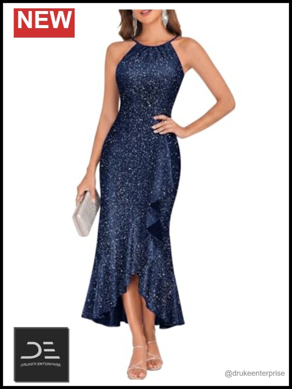 Sequin Formal Cocktail Long Ruffle Halter Mermaid Dress